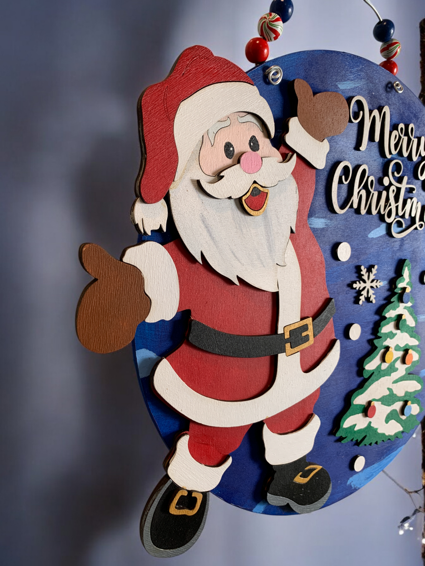Handmade Santa Christmas Wall Sign – 3D Wooden Round Holiday Decor with Tree & Snowflakes