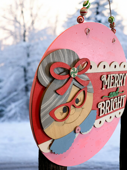 Merry and Bright Christmas Sign – 3D Wooden Round Holiday Decor with Grandma Design