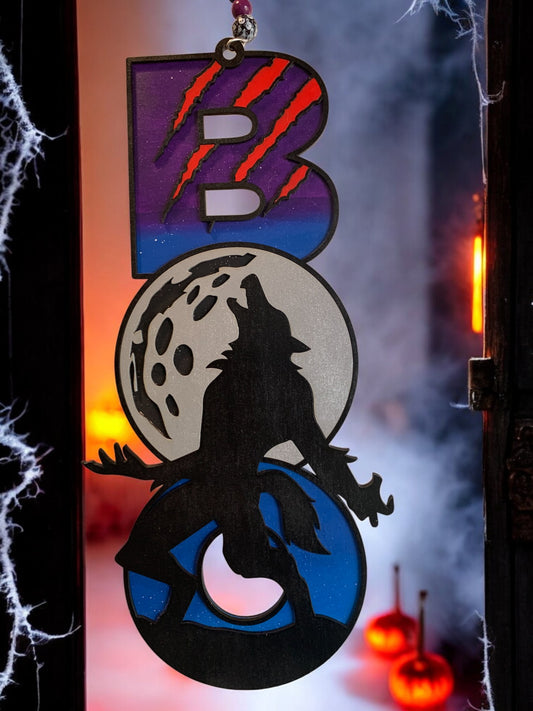 Werewolf BOO Sign – Wooden Halloween Door Hanger – Handmade Spooky Wolf Moon Wall Décor