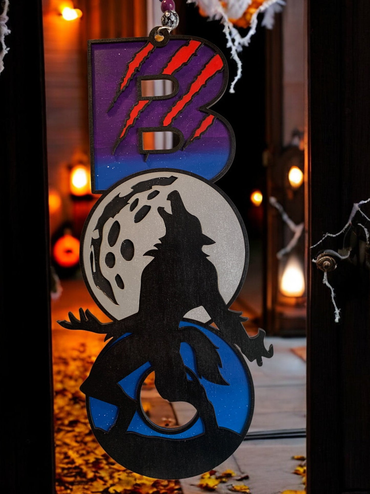 Werewolf BOO Sign – Wooden Halloween Door Hanger – Handmade Spooky Wolf Moon Wall Décor