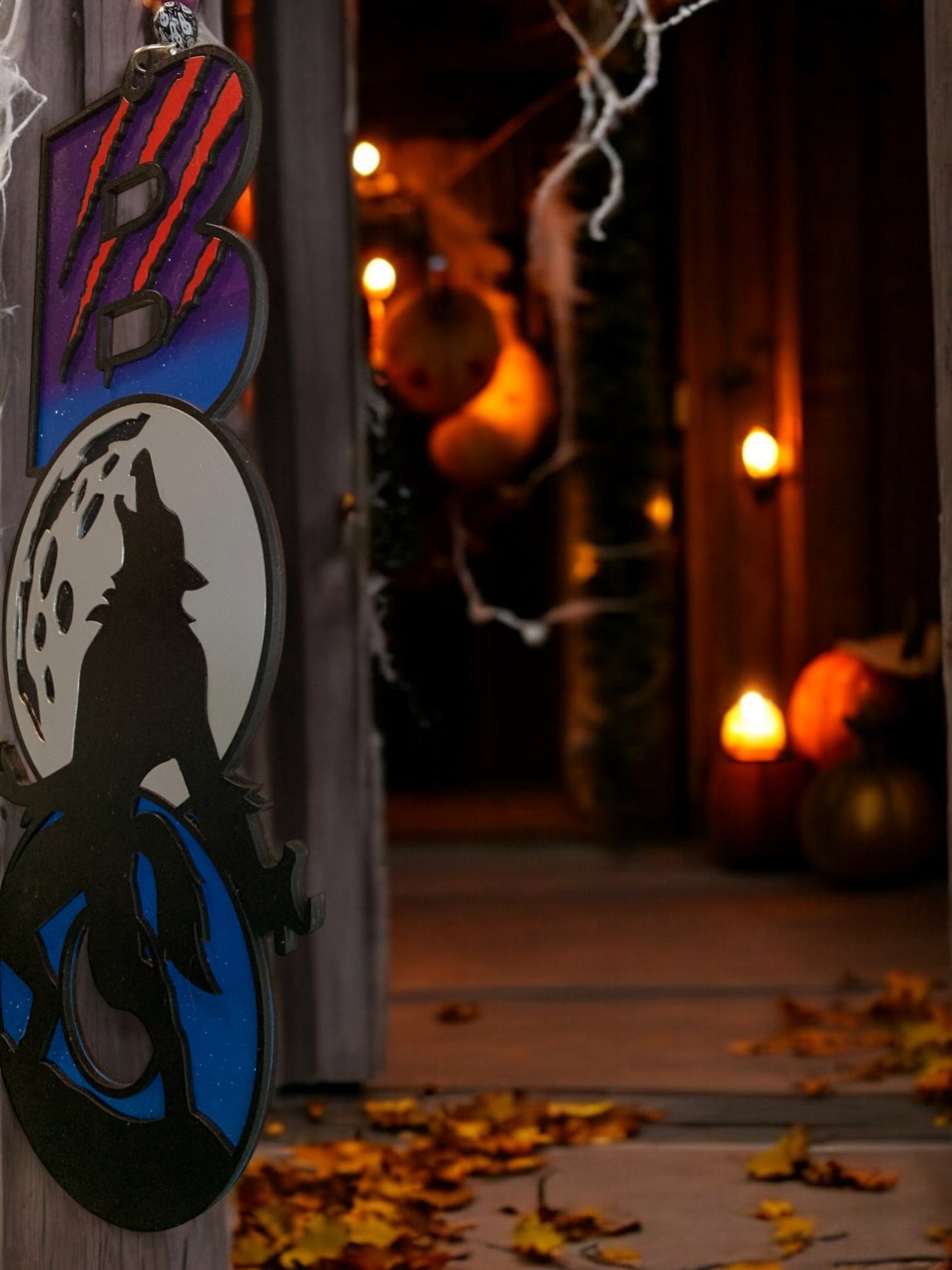 Werewolf BOO Sign – Wooden Halloween Door Hanger – Handmade Spooky Wolf Moon Wall Décor