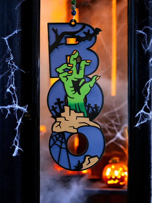 Halloween Door Sign – Wooden “Boo” Wall Decor with zombie Hand – Spooky Outdoor & Indoor Decoration
