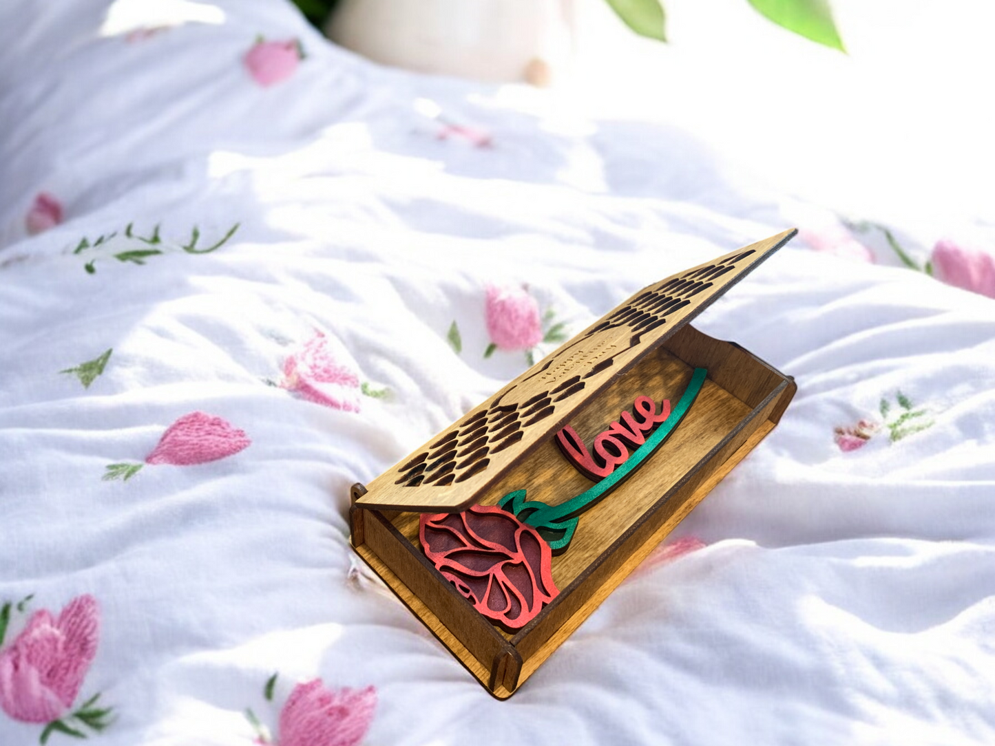 Valentine Wooden Gift Box – Baltic Birch Love Box with Rose