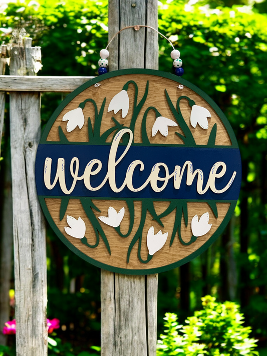 Rustic Floral Welcome Sign – Handmade 3D Wooden Snowdrop Flower Porch Decor for Spring & Year-Round
