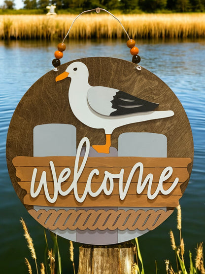 Coastal Welcome Sign – Handmade 3D Wooden Nautical Door Hanger with Seagull Beach Lake Decor