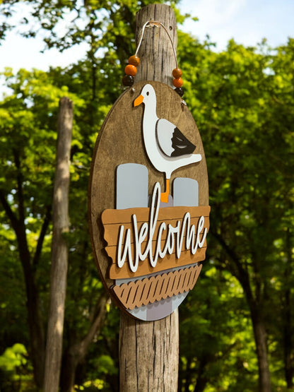Coastal Welcome Sign – Handmade 3D Wooden Nautical Door Hanger with Seagull Beach Lake Decor