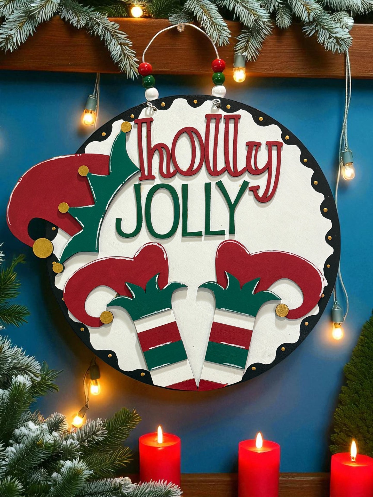 Holly Jolly Elf Door Sign – Handmade Christmas Elf Decor with Hats and Striped Legs