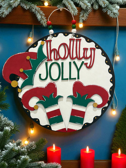 Holly Jolly Elf Door Sign – Handmade Christmas Elf Decor with Hats and Striped Legs