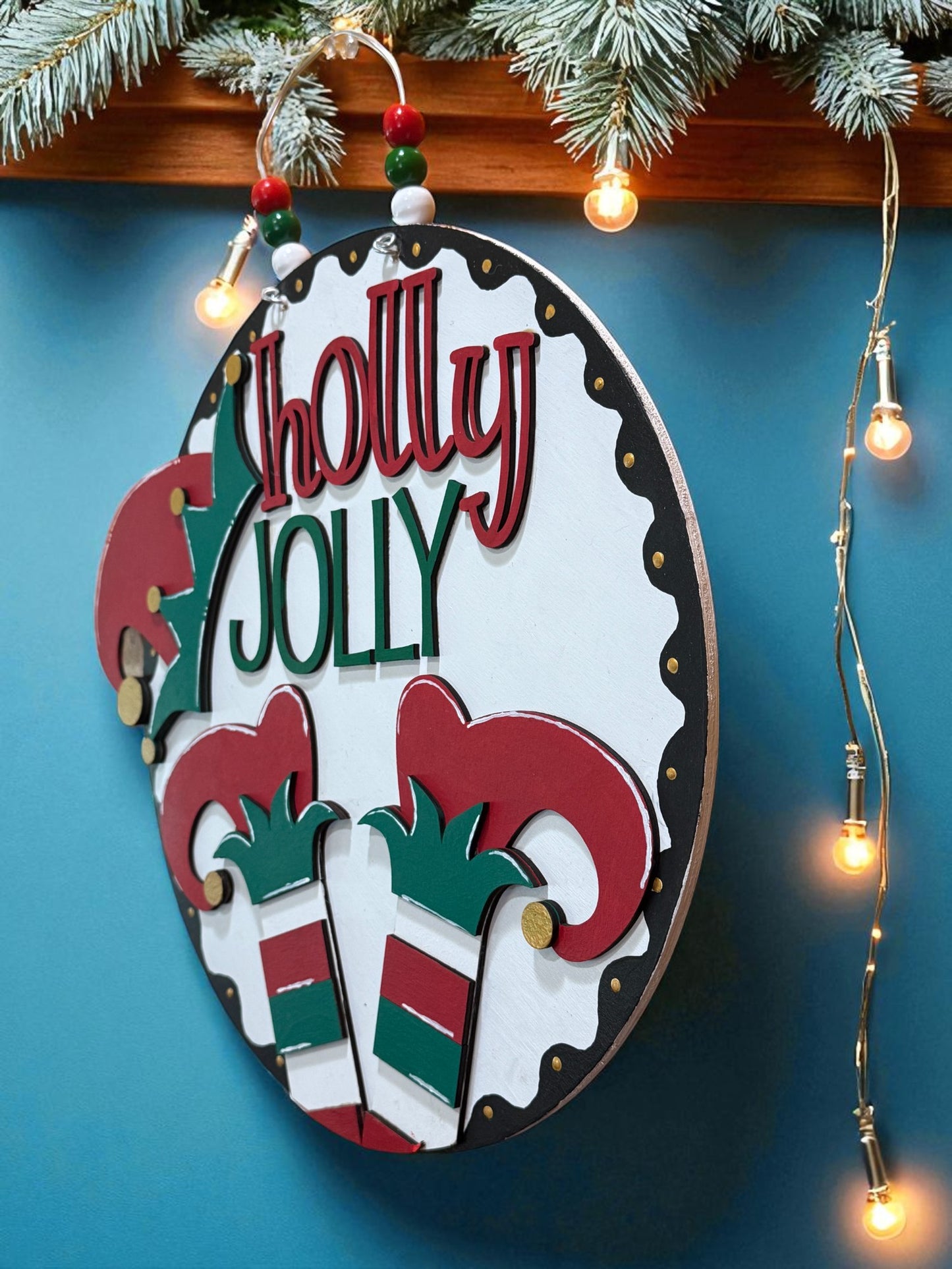 Holly Jolly Elf Door Sign – Handmade Christmas Elf Decor with Hats and Striped Legs