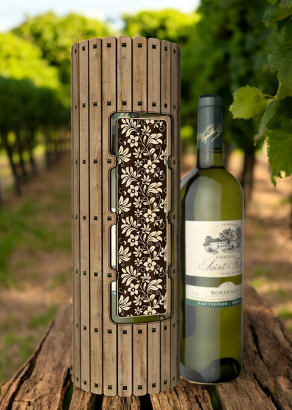 Round Wooden Wine Bottle Gift Box with Intricate Flower Design