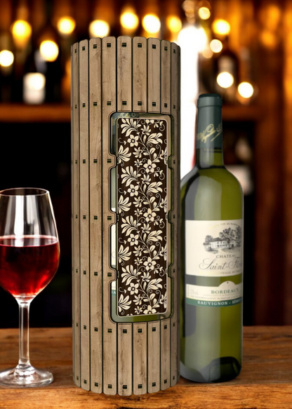 Round Wooden Wine Bottle Gift Box with Intricate Flower Design