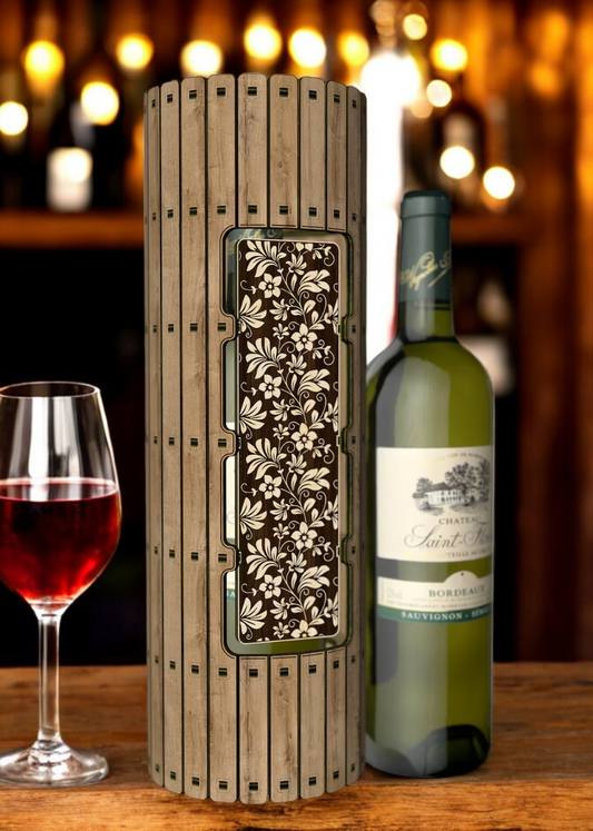Round Wooden Wine Bottle Gift Box with Intricate Flower Design