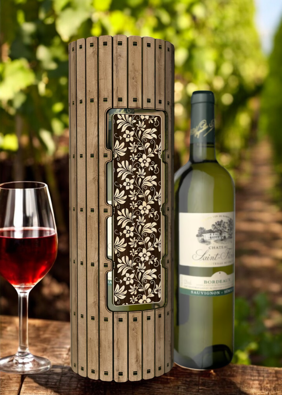 Round Wooden Wine Bottle Gift Box with Intricate Flower Design