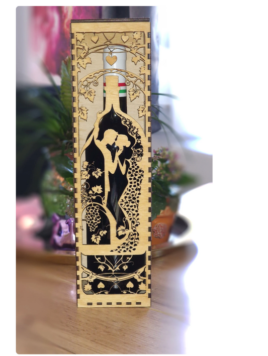 Romantic Wooden Wine Bottle Gift Box with Wedding Couple Design