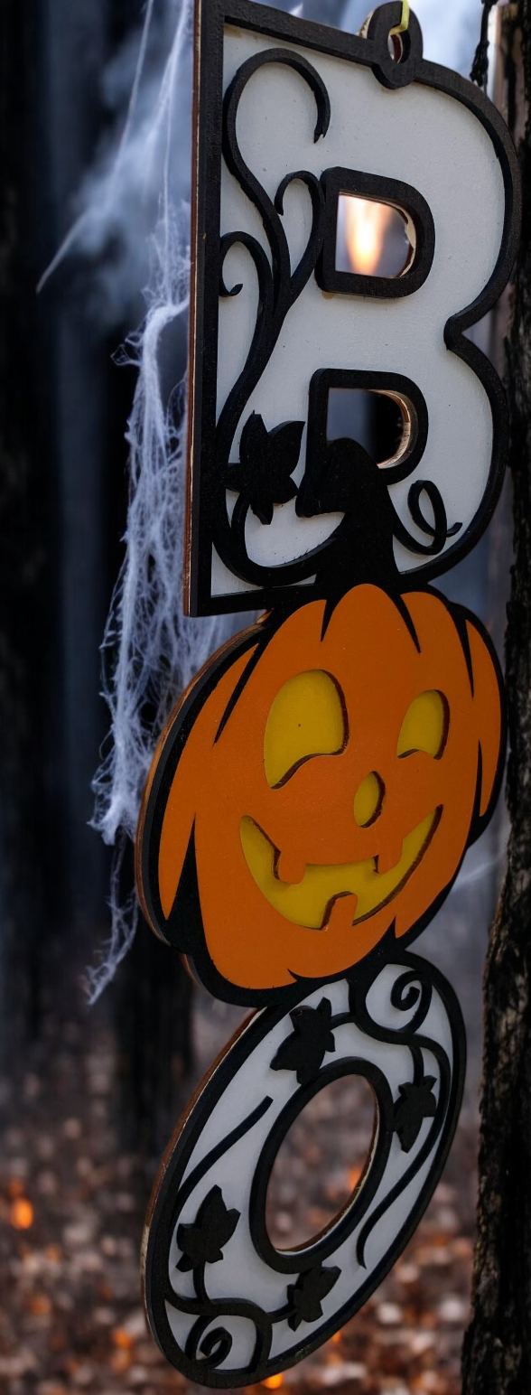Handmade Wooden Halloween Boo Sign – Jack-O’-Lantern Design – Festive Porch or Wall Décor