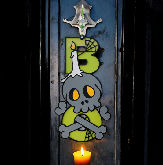 Handmade Wooden Halloween Boo Sign – Skull & Crossbones – Spooky Door or Wall Décor