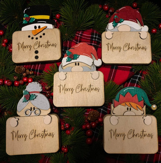 Merry Christmas Character Signs – Wooden Holiday Décor with Santa, Elf, Snowman, and More