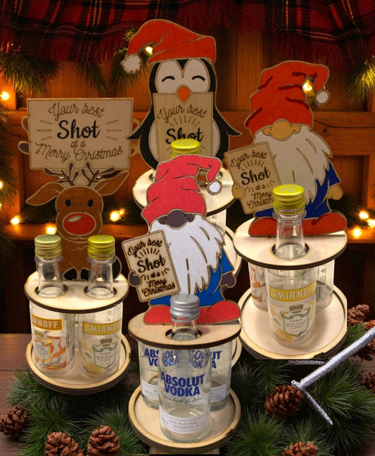 Funny Christmas Shot Bottle Holder – Handcrafted Wooden Holiday Gift with Ribbon – Gnome, Penguin & Reindeer Mini Liquor Display