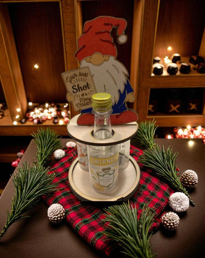 Funny Christmas Shot Bottle Holder – Handcrafted Wooden Holiday Gift with Ribbon – Gnome, Penguin & Reindeer Mini Liquor Display
