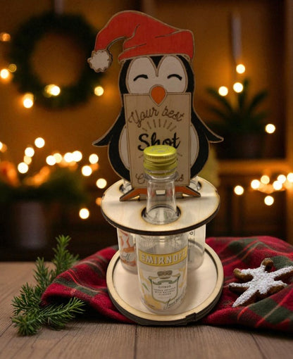 Funny Christmas Shot Bottle Holder – Handcrafted Wooden Holiday Gift with Ribbon – Gnome, Penguin & Reindeer Mini Liquor Display