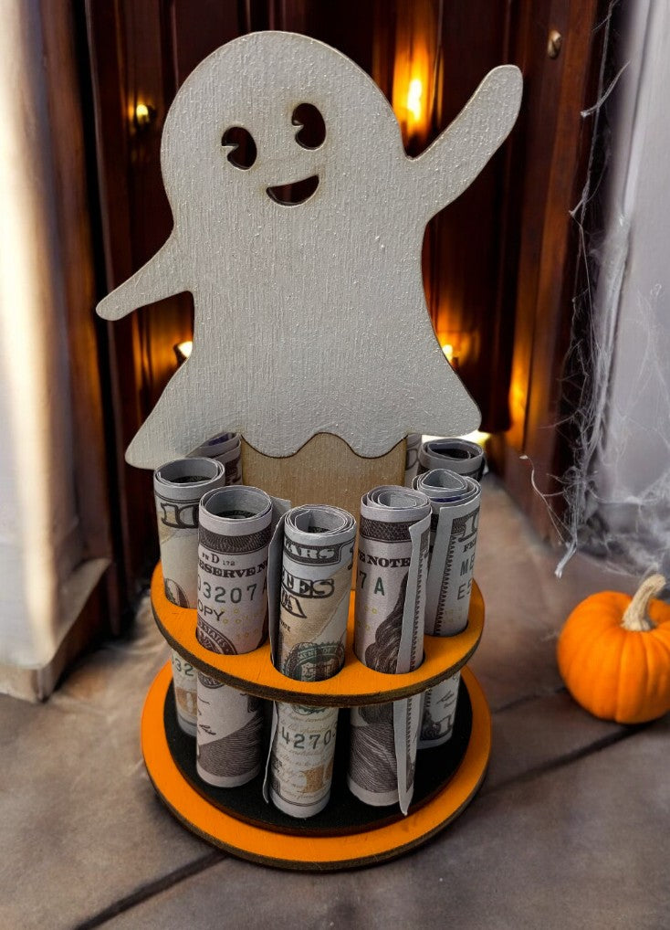 Halloween Money Gift – Pumpkin, Witch Hat, or Ghost Wooden Money Tree – Handmade Cash Holder with Gift Box – Free Shipping