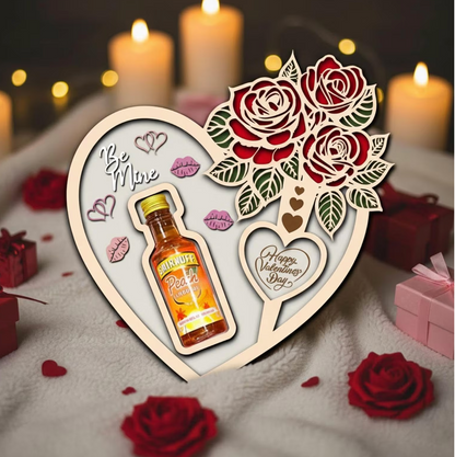 Valentine Mini Bottle Holder – Wooden Heart Liquor Display with Roses