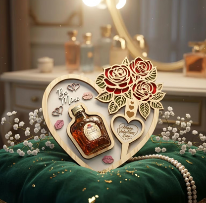 Valentine Mini Bottle Holder – Wooden Heart Liquor Display with Roses