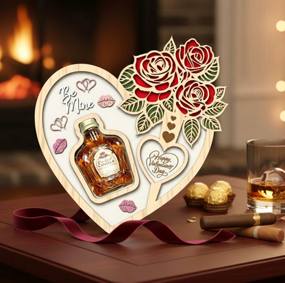 Valentine Mini Bottle Holder – Wooden Heart Liquor Display with Roses