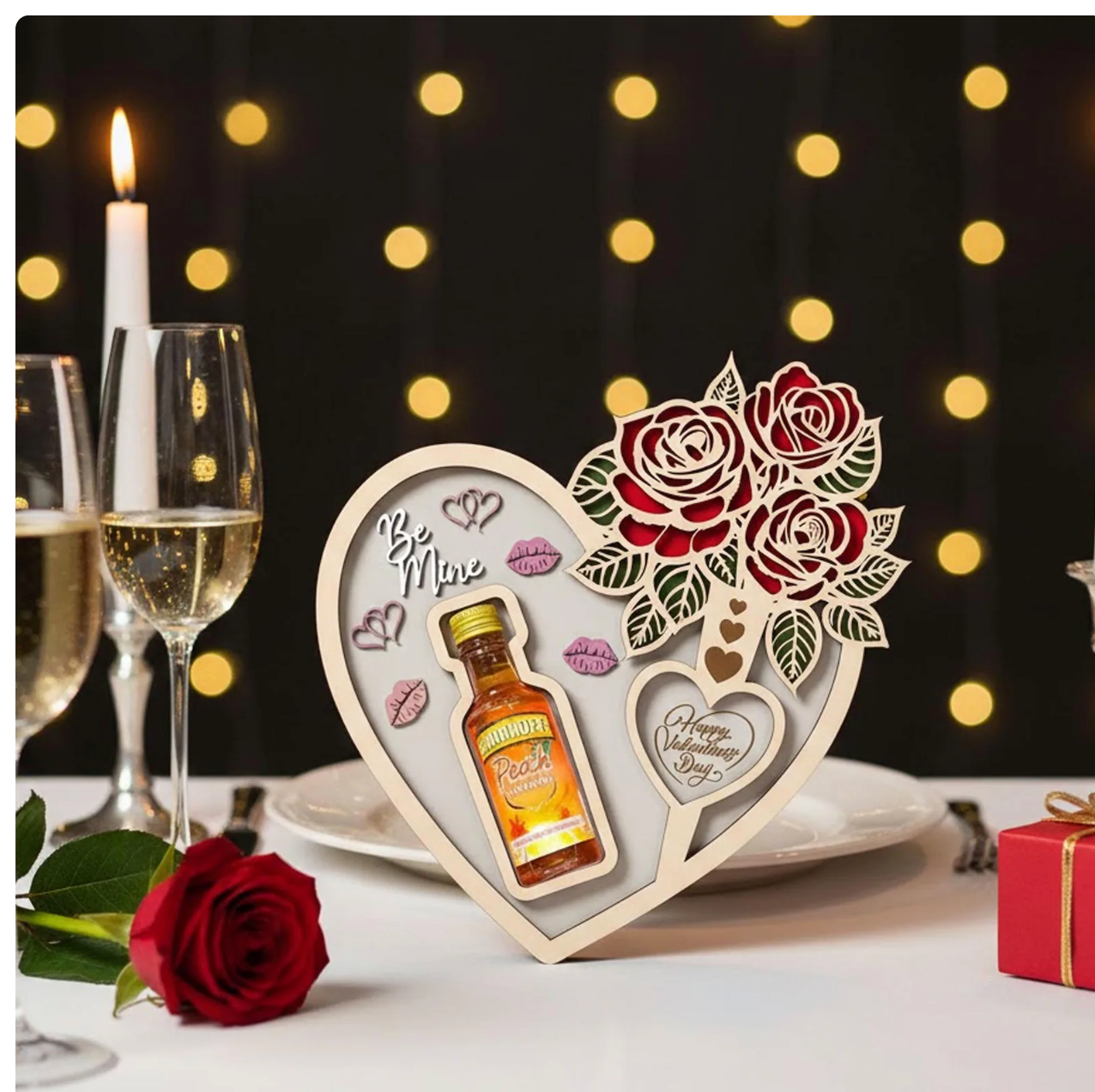 Valentine Mini Bottle Holder – Wooden Heart Liquor Display with Roses