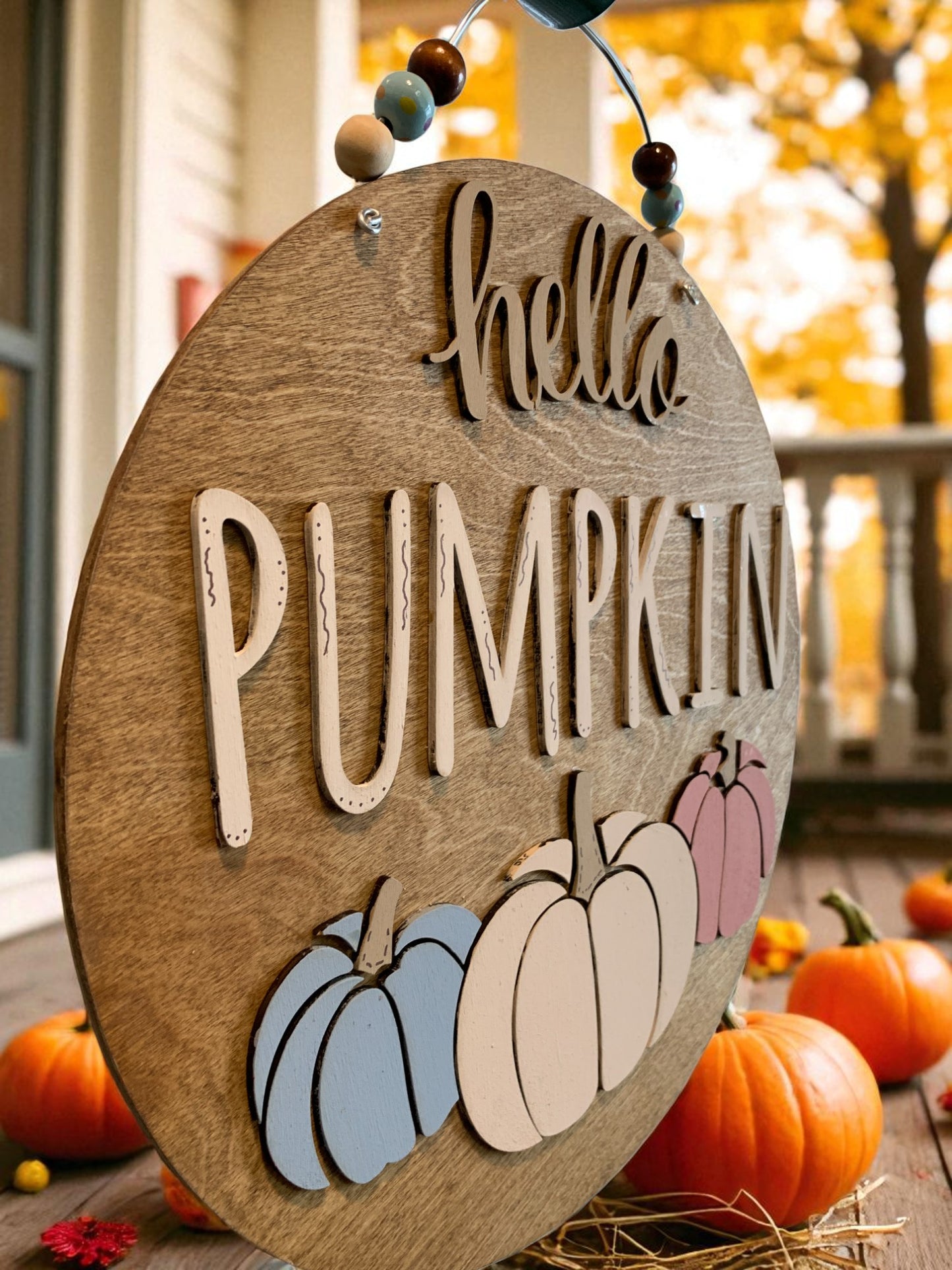 Hello Pumpkin Fall Door Hanger – Rustic Farmhouse Autumn Porch Sign with Pastel Pumpkins