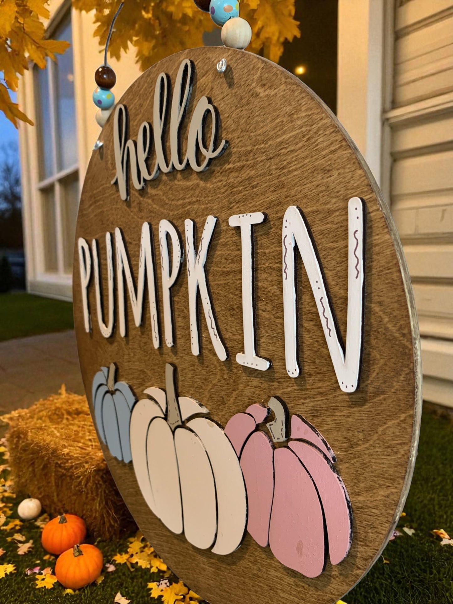 Hello Pumpkin Fall Door Hanger – Rustic Farmhouse Autumn Porch Sign with Pastel Pumpkins