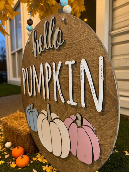 Hello Pumpkin Fall Door Hanger – Rustic Farmhouse Autumn Porch Sign with Pastel Pumpkins