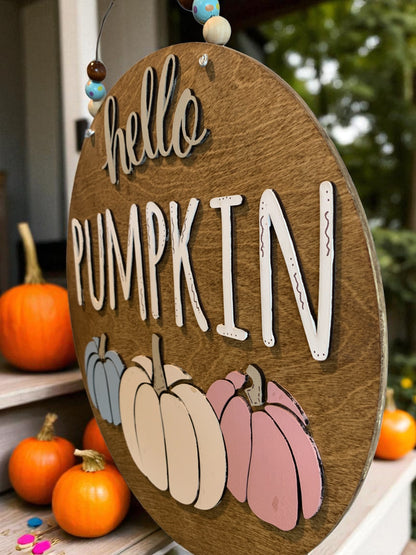 Hello Pumpkin Fall Door Hanger – Rustic Farmhouse Autumn Porch Sign with Pastel Pumpkins