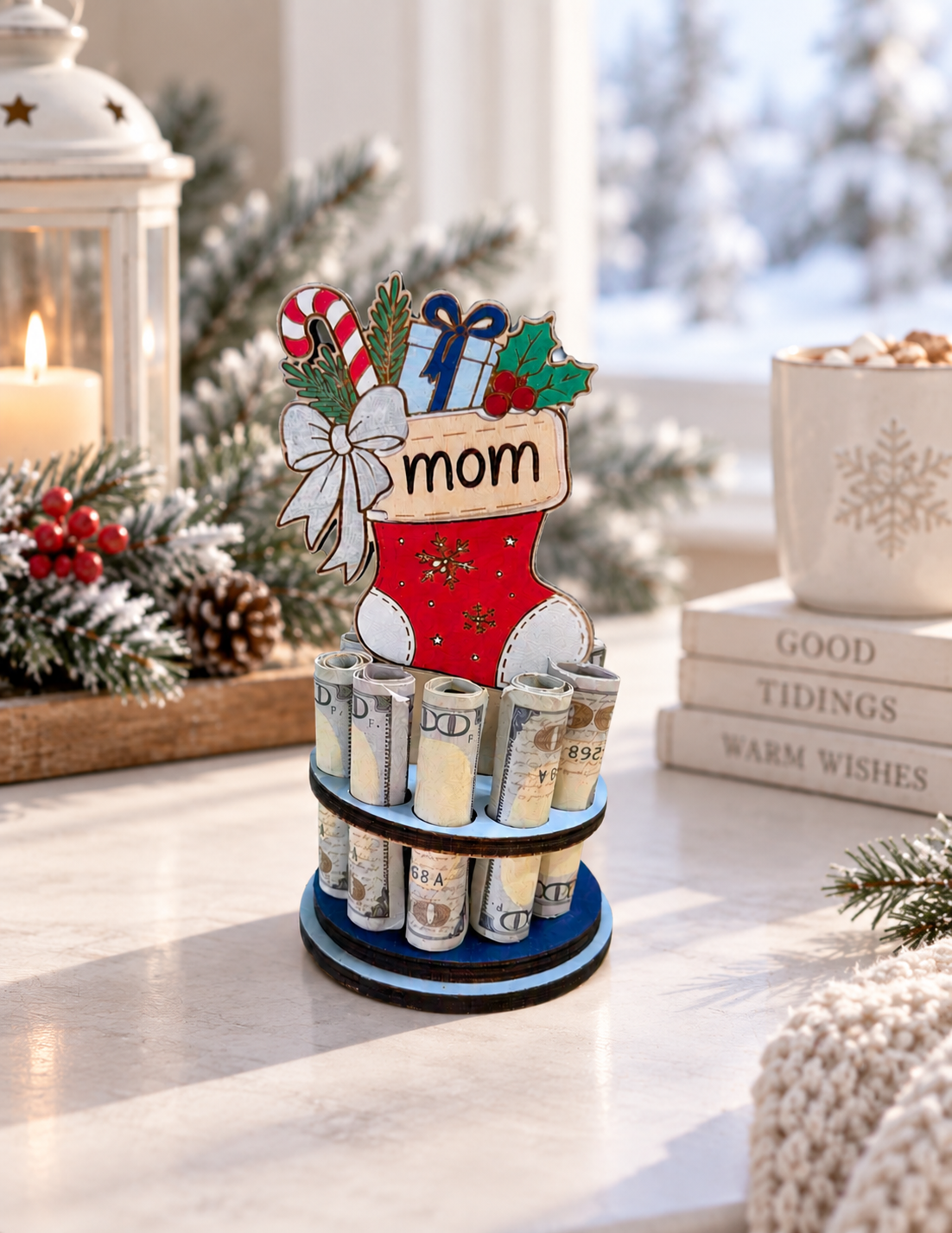 Personalized Stocking Money Tree | Christmas Cash Gift for Mom | Handmade Wood