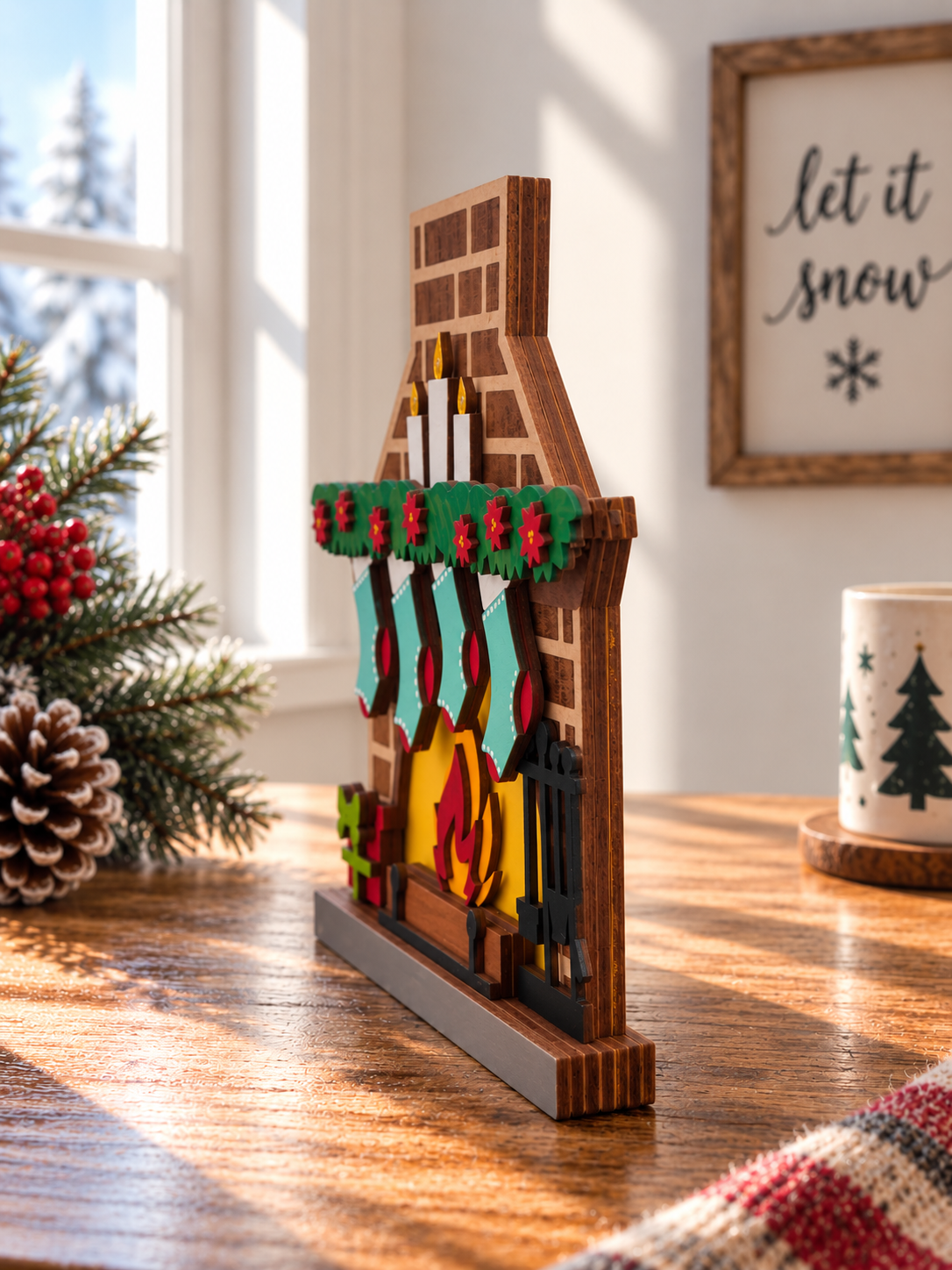 Fireplace Gift Card Holder | Wood Christmas Fireplace with Stockings | Handcrafted