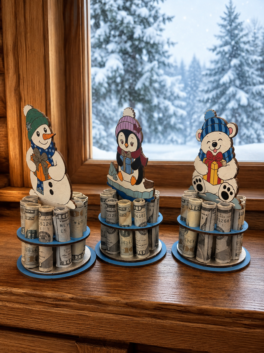 Winter Money Tree | Snowman Penguin Polar Bear | Cash Gift | Handmade Wood