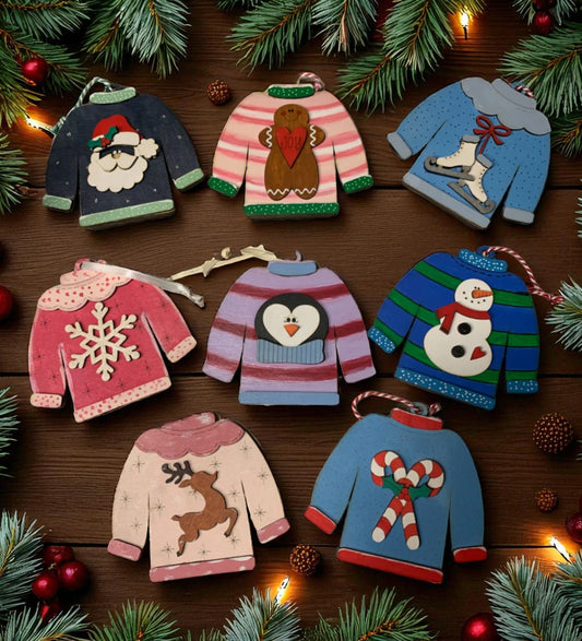 Ugly Sweater Christmas Ornaments – Handmade Wooden Holiday Decor for Trees, Stockings & Gifting