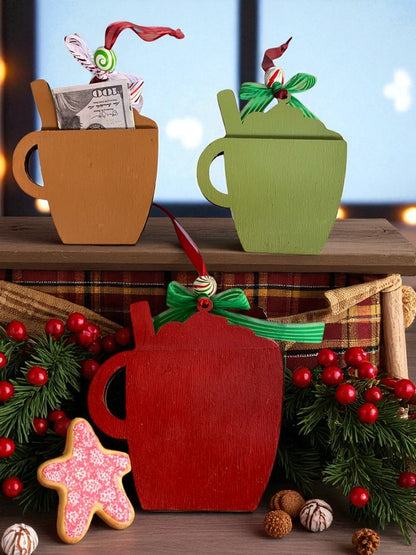 Holiday Mug Gift Card Holders – Santa, Elf, & Gingerbread Wooden Ornaments