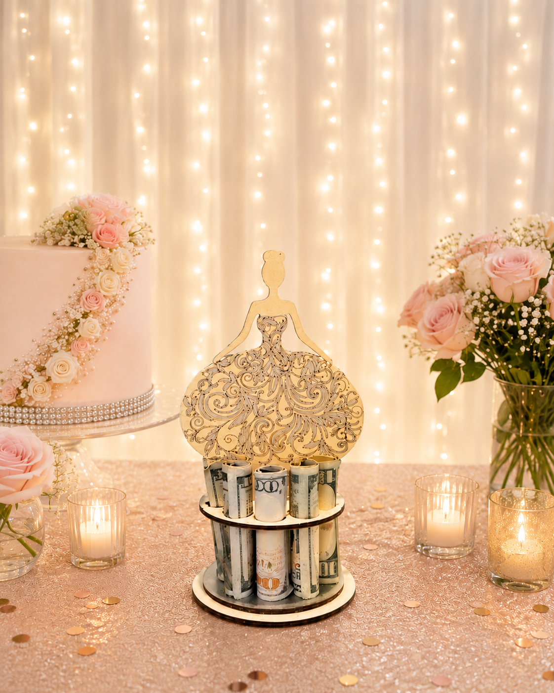 Handmade wood ball gown money tree topped with an elegant filigree gown on a figure, displaying rolled hundred-dollar bills, styled on a rose gold table with a cake, roses, and candles