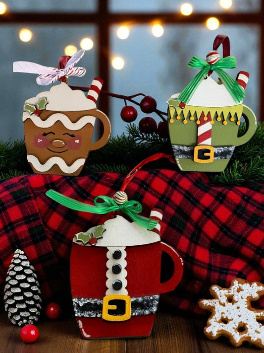 Holiday Mug Gift Card Holders – Santa, Elf, & Gingerbread Wooden Ornaments