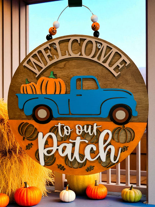 Welcome to Our Patch Fall Sign – Blue Truck Pumpkin Door Hanger – Rustic Farmhouse Wall Decor