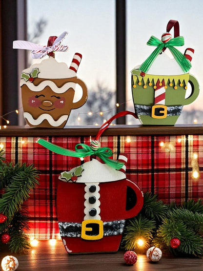 Holiday Mug Gift Card Holders – Santa, Elf, & Gingerbread Wooden Ornaments