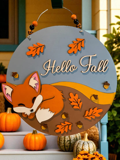 Hello Fall Wooden Sign – Sleeping Fox Rustic Autumn Porch & Wall Décor – Handmade Layered Wood