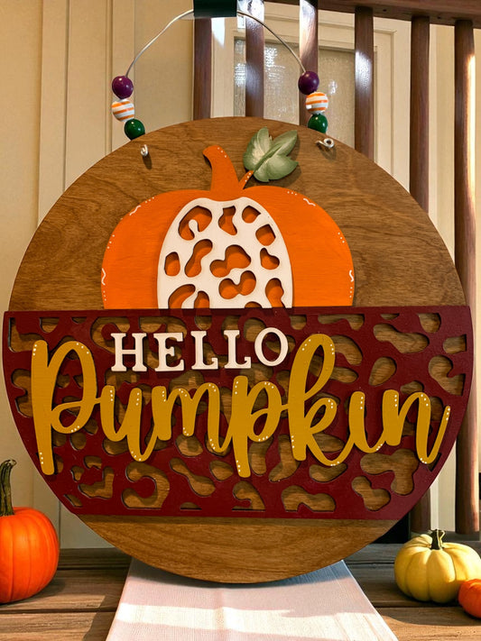 Hello Pumpkin Leopard Print Wooden Sign – Rustic Fall Door Hanger – Handmade Autumn Porch Decor
