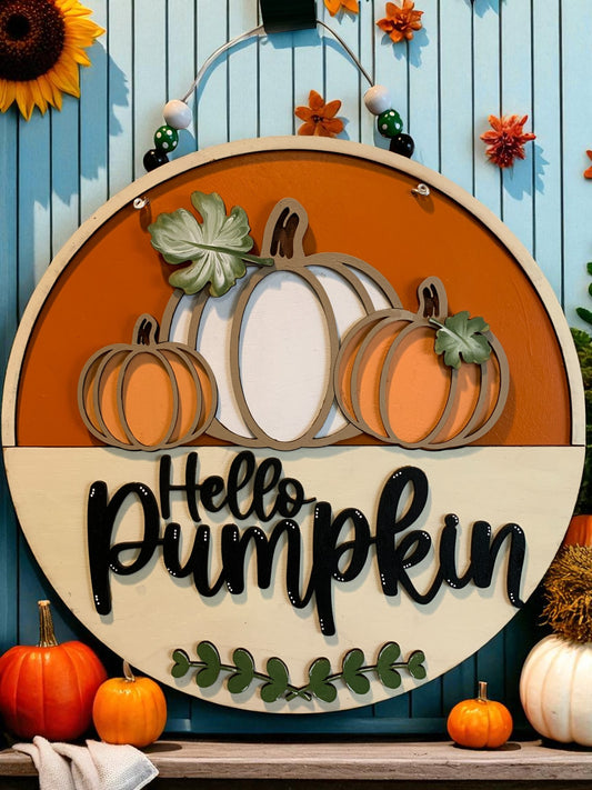 Hello Pumpkin Wooden Sign – Handcrafted Fall Porch & Wall Décor – Rustic Layered Autumn Accent