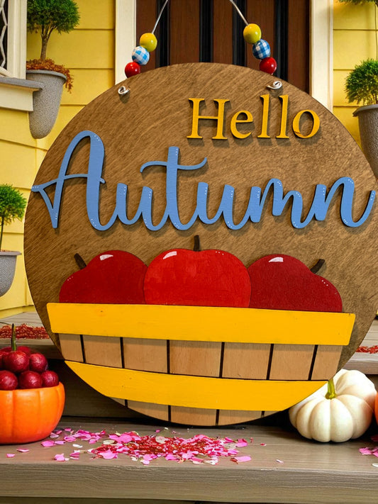 Hello Autumn Wooden Sign – Rustic Apple Basket Fall Door Hanger – Handmade Farmhouse Front Porch Decor