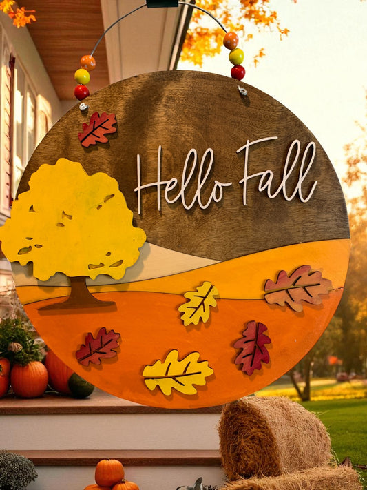 Hello Fall Wooden Sign with Tree and Leaves – Handcrafted Autumn Wall Décor – Rustic Fall Porch Accent