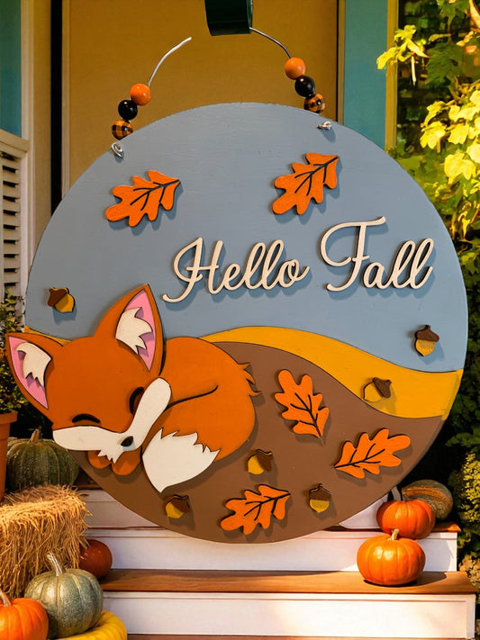 Hello Fall Wooden Sign – Sleeping Fox Rustic Autumn Porch & Wall Décor – Handmade Layered Wood