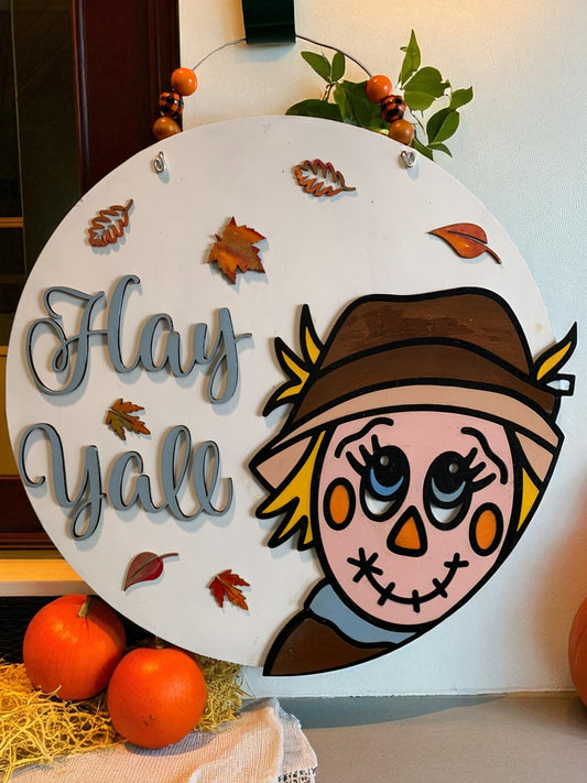 Hay Y’all Scarecrow Fall Door Hanger – Rustic Farmhouse Autumn Porch Sign