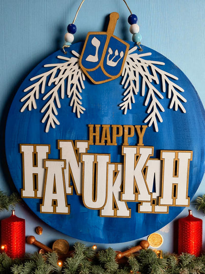 Happy Hanukkah Door Sign – Wooden Dreidel Wall Hanging, Rustic Blue Jewish Holiday Decor